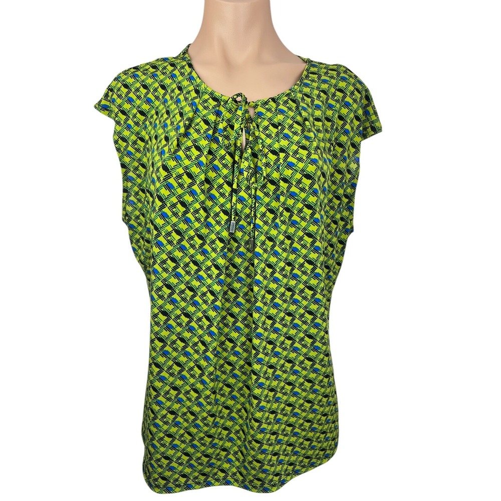 Liz Claiborne XL Sleeveless Top Blouse Green w Black & Blue Polyester  & Spandex